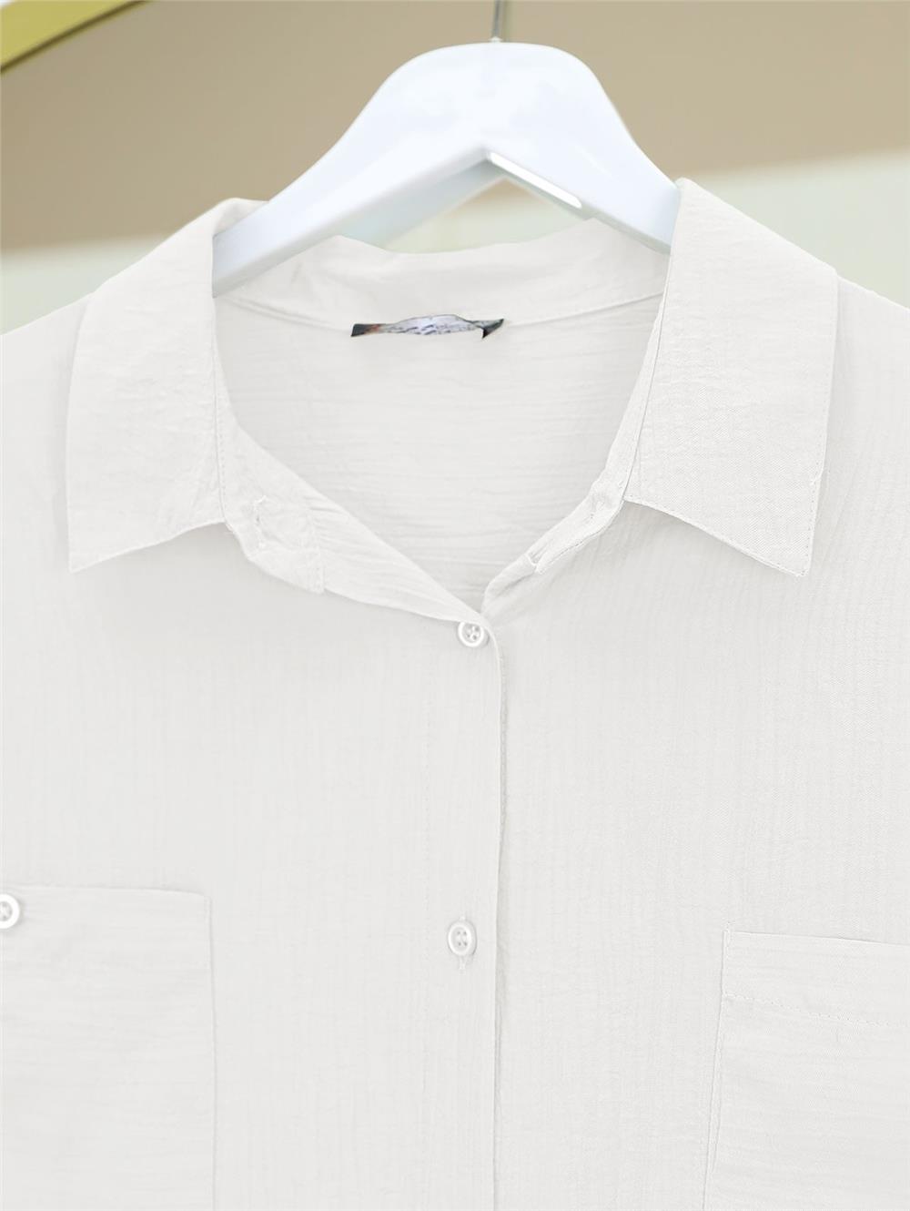 Çift Cepli Oval Kesim Kolu Katlamalı Gömlek Tunik -Beyaz-317-2420-R02