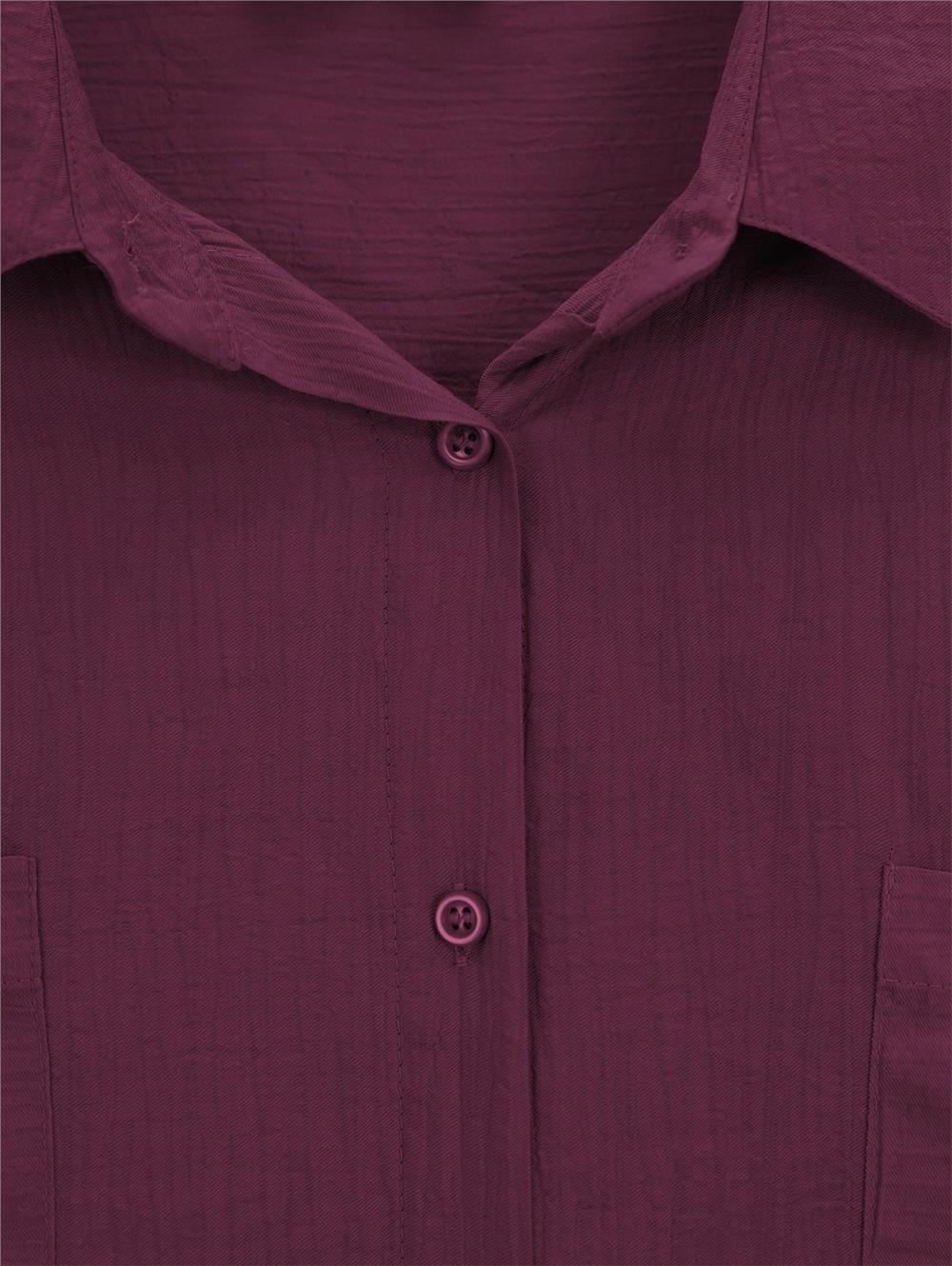 Çift Cepli Oval Kesim Kolu Katlamalı Gömlek Tunik -Bordo-317-2420-R04