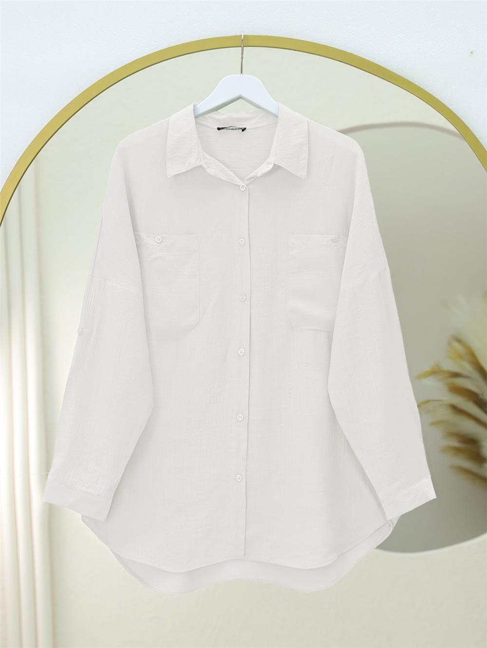 Çift Cepli Oval Kesim Kolu Katlamalı Gömlek Tunik -Beyaz-317-2420-R02