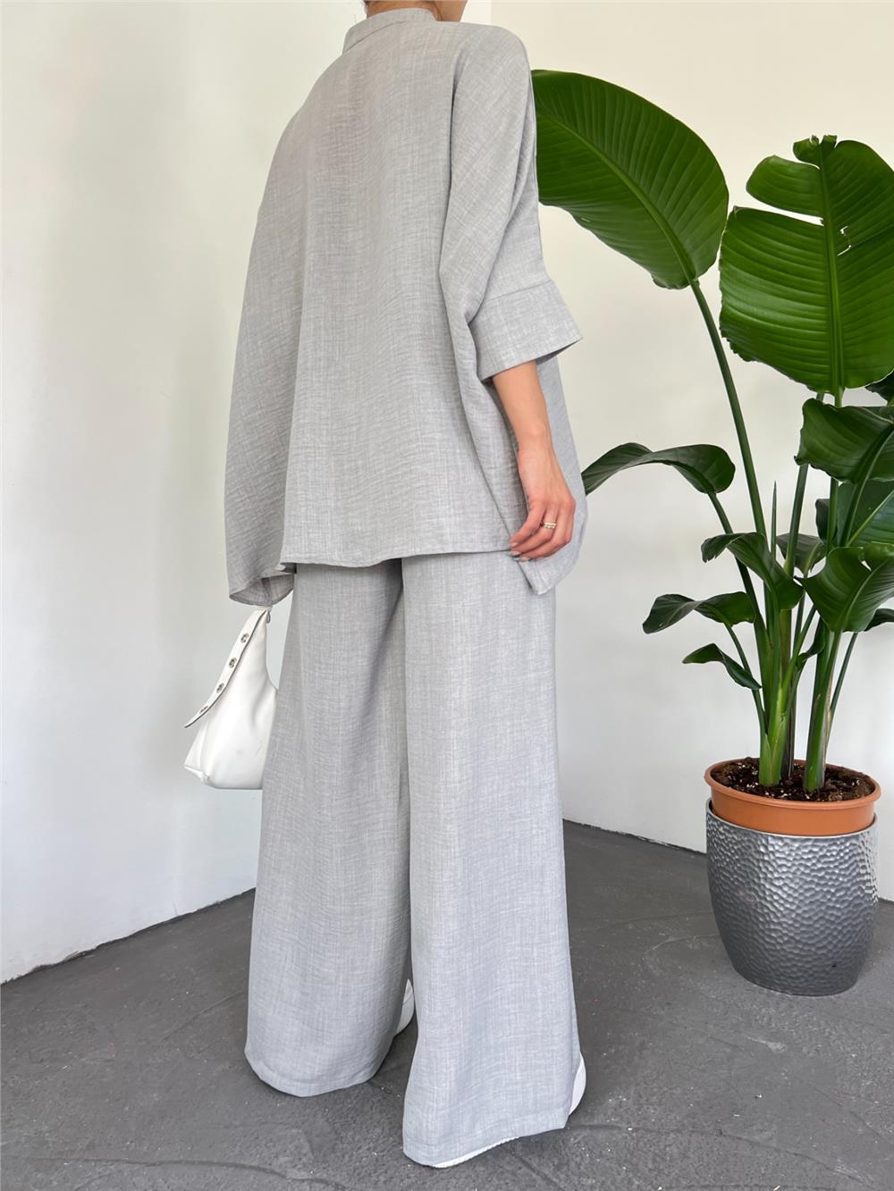 Double Pocket Half Bat Sleeve Loose Shirt Set - Gray-246-1467-R11