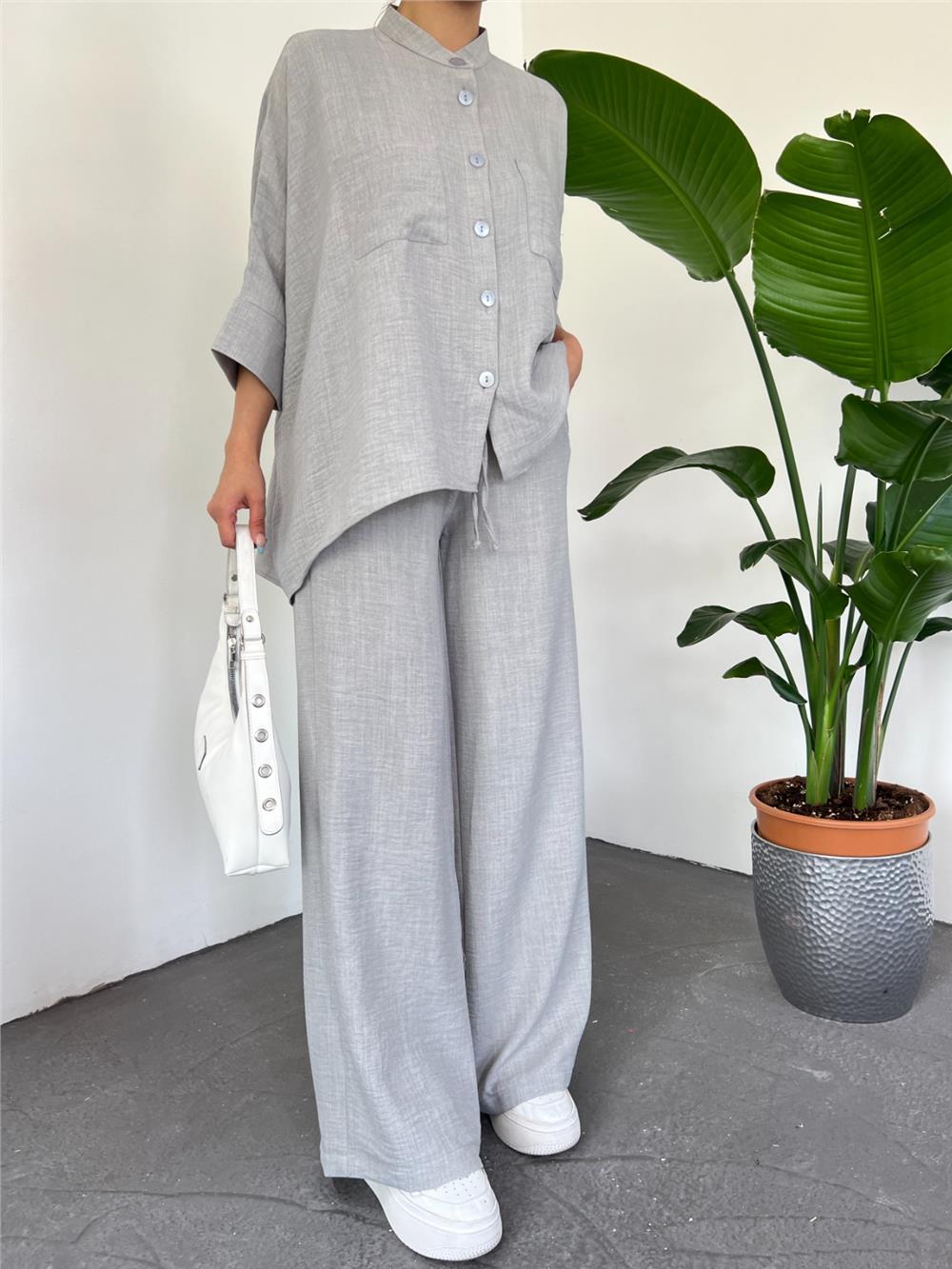 Double Pocket Half Bat Sleeve Loose Shirt Set - Gray-246-1467-R11