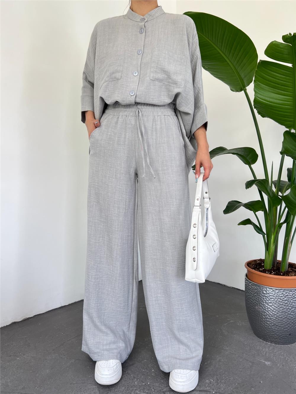 Double Pocket Half Bat Sleeve Loose Shirt Set - Gray-246-1467-R11