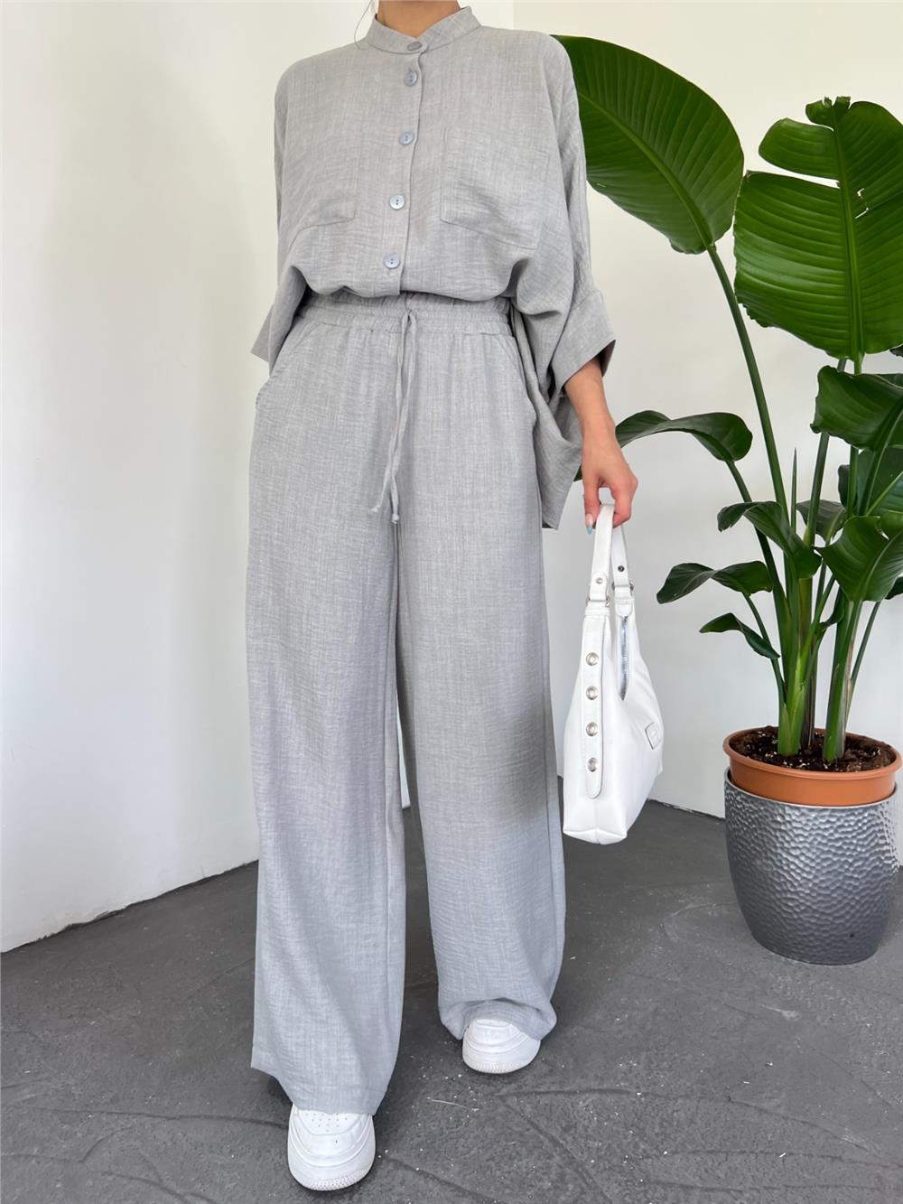 Double Pocket Half Bat Sleeve Loose Shirt Set - Gray-246-1467-R11