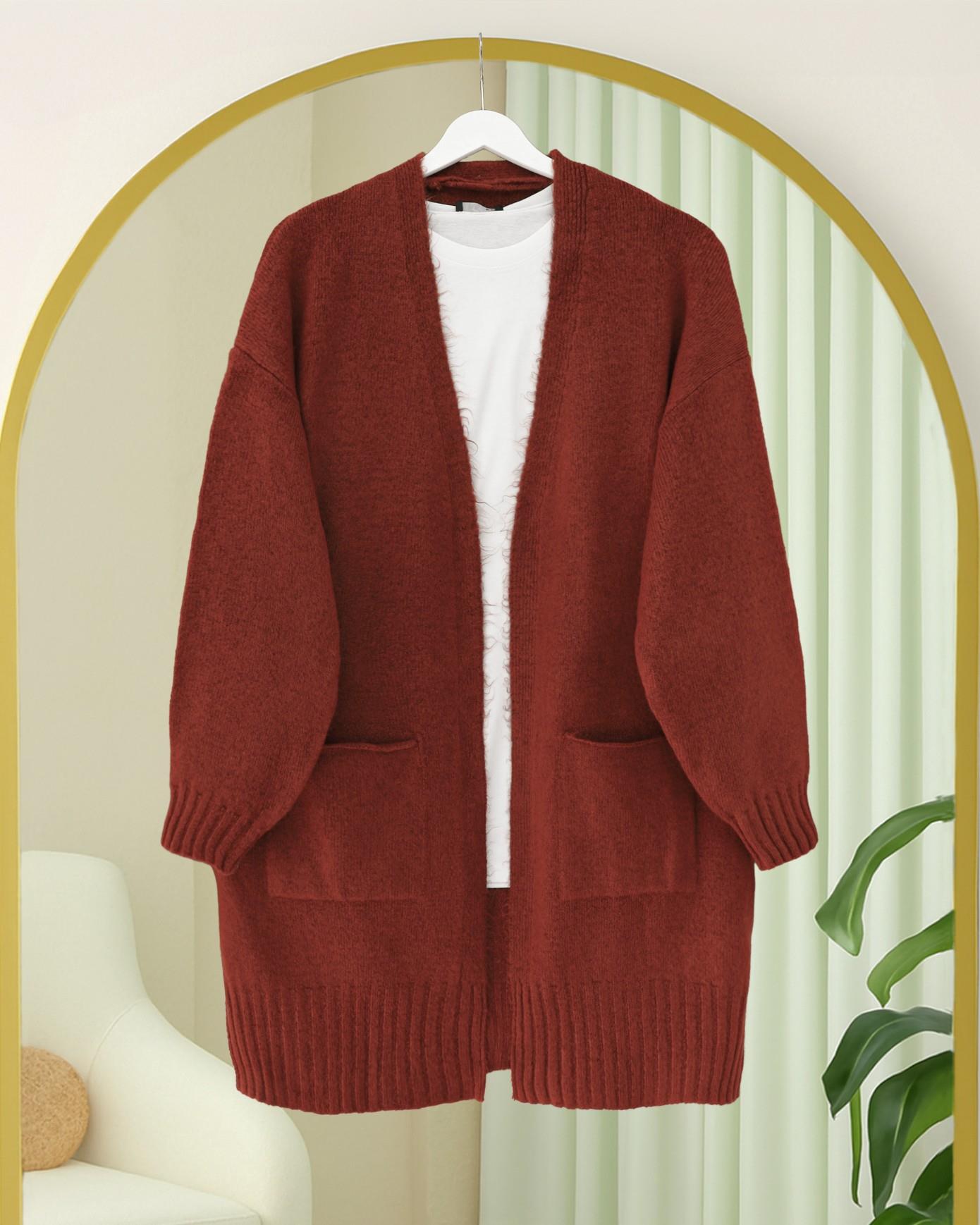 Çift Cepli Yırtmaçlı Yumoş Hırka  -Kiremit-109-0083-R30