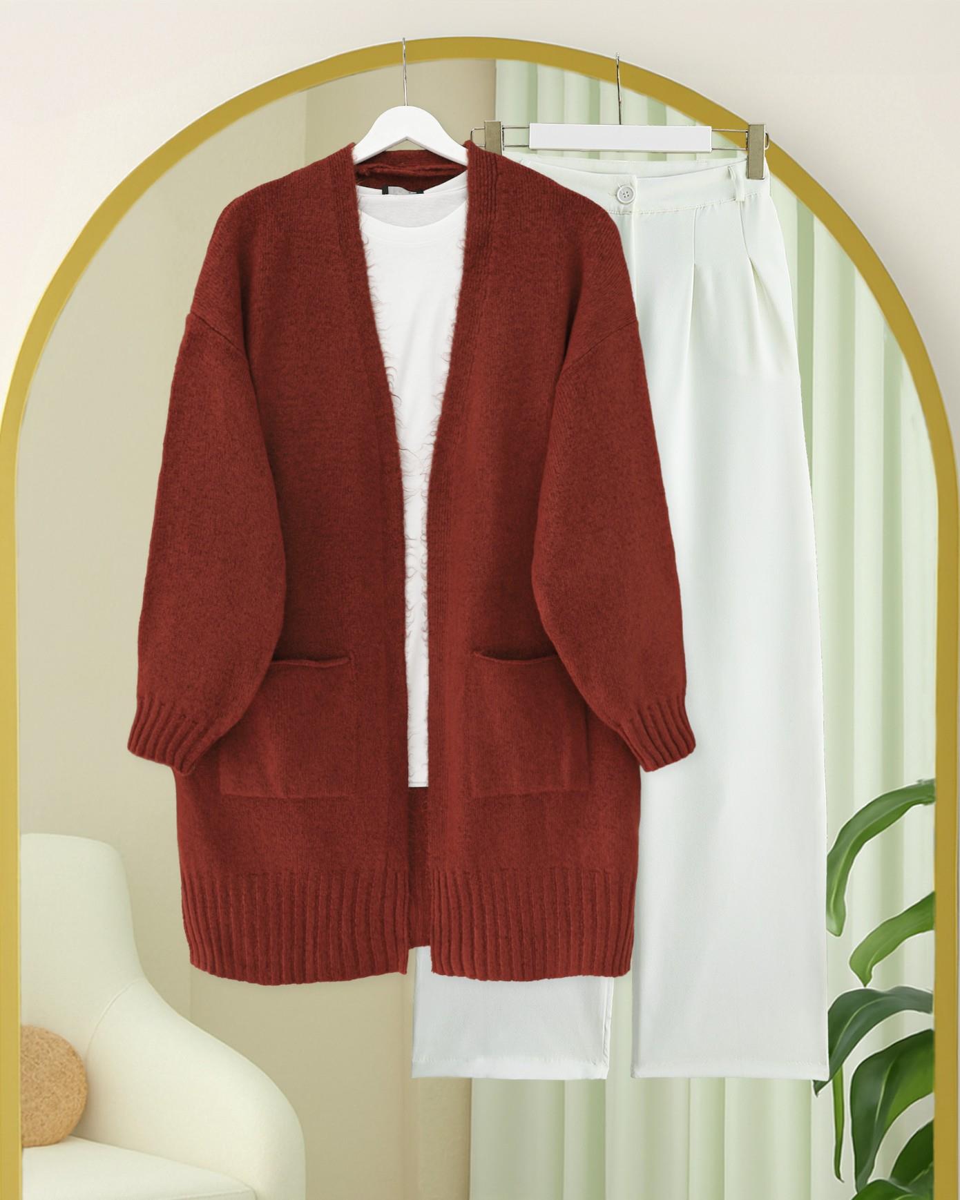 Çift Cepli Yırtmaçlı Yumoş Hırka  -Kiremit-109-0083-R30