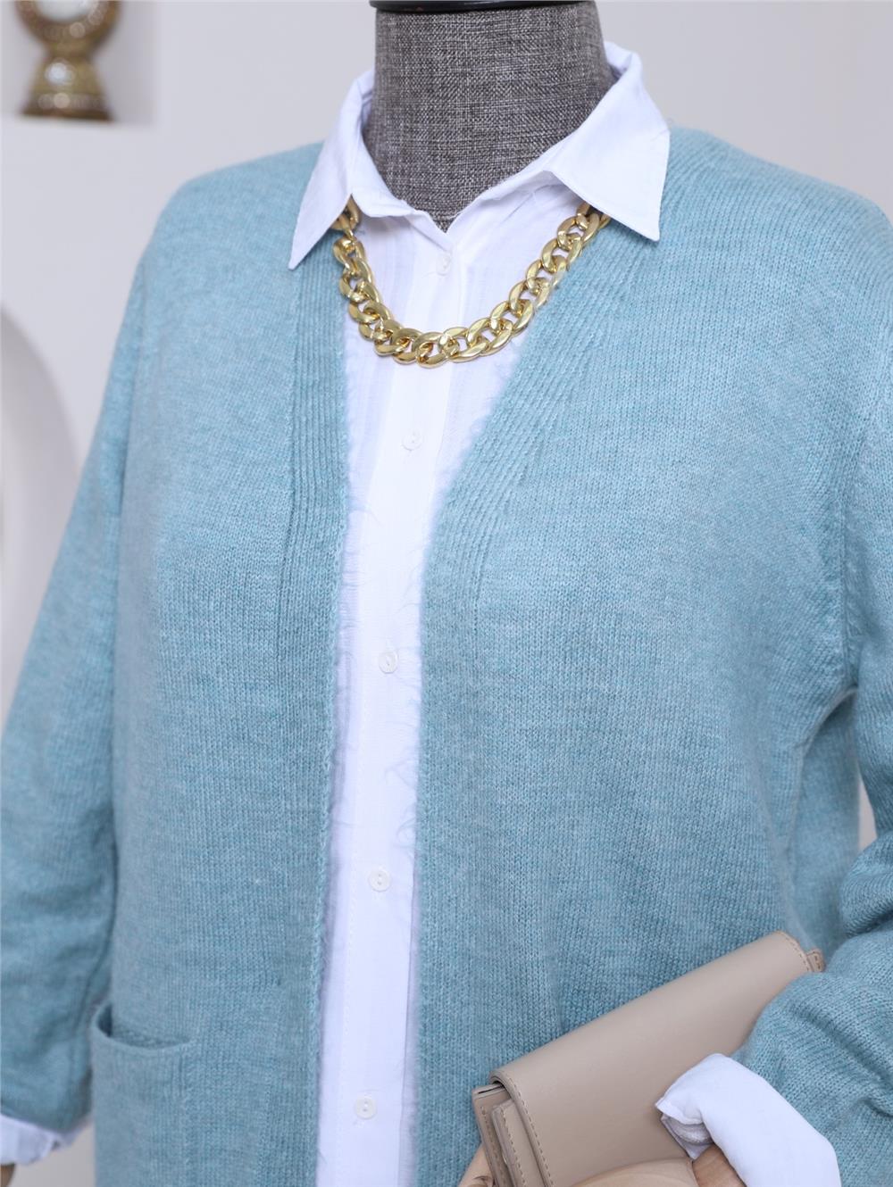 Çift Cepli Yumoş Triko Hırka   -Mint-109-0417-R24