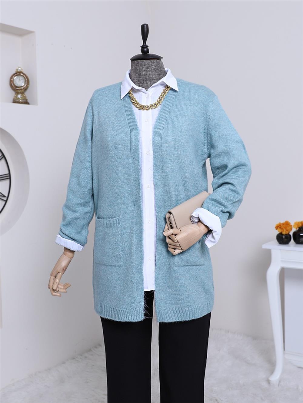 Çift Cepli Yumoş Triko Hırka   -Mint-109-0417-R24