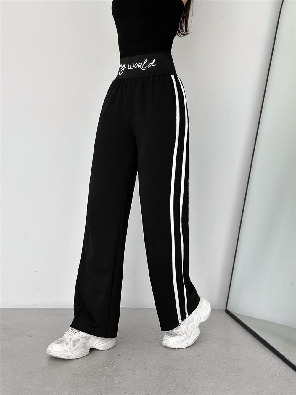 Double Striped Elastic Combed Cotton Trousers -Black-372-9682-R01