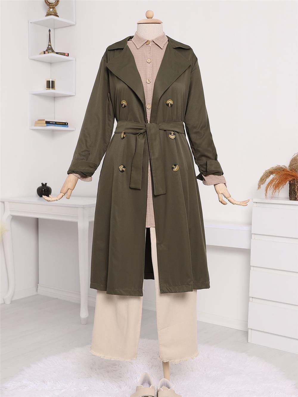 Çift Düğme Kemerli Uzun Trenckot -Haki-138-5853-R05