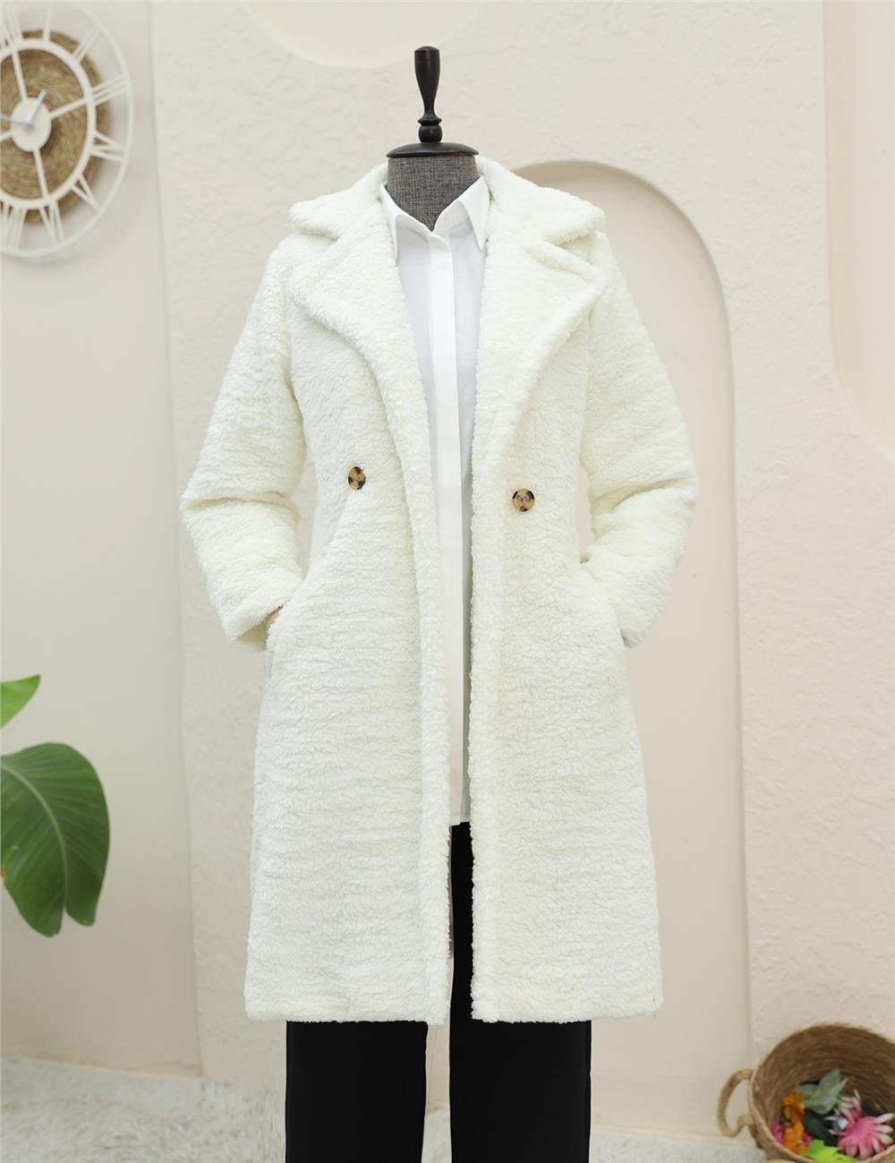 Çift Düğmeli Astarlı Yan Cepli Peluş Kaban -Ekru-197-2808-R07