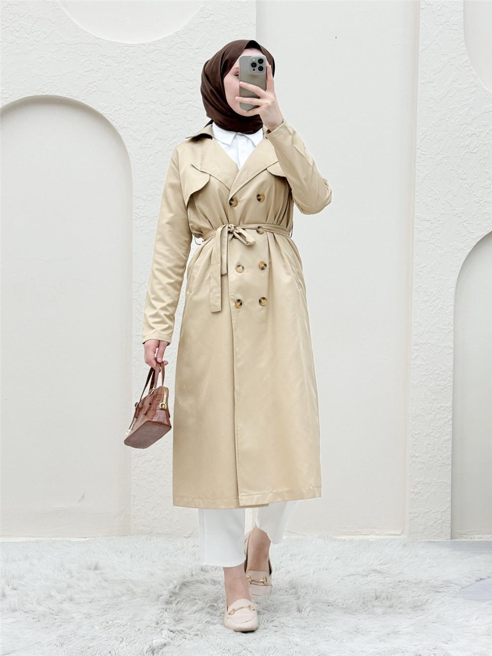 Double Buttoned Shawl Shoulder Waist Trench Coat - Beige-349-1955-R56