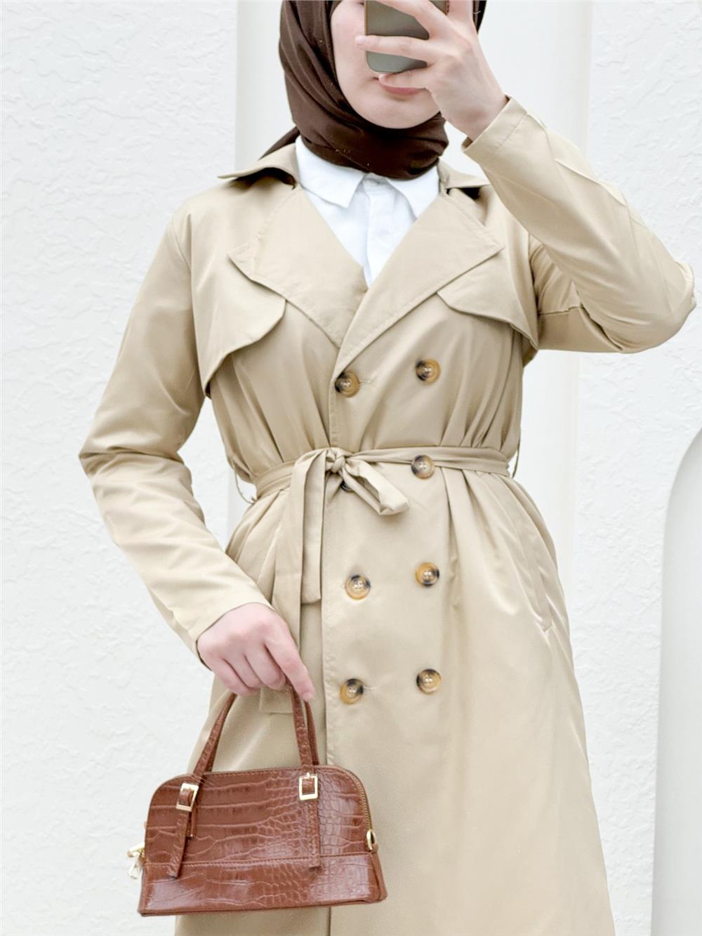 Double Buttoned Shawl Shoulder Waist Trench Coat - Beige-349-1955-R56