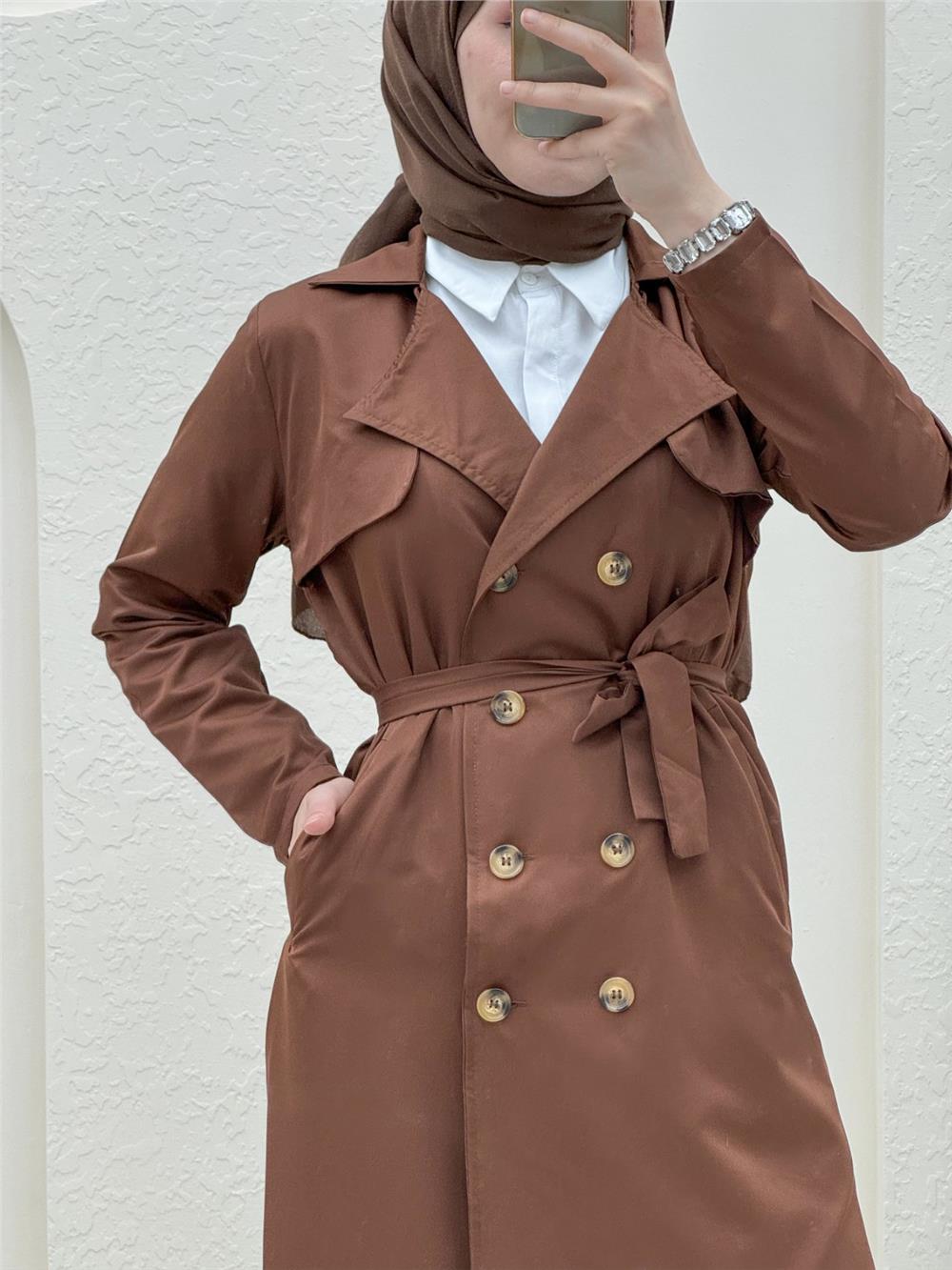 Double Button Shawl Shoulder Waist Tie Trench Coat -K. Coffee-349-1955-R54