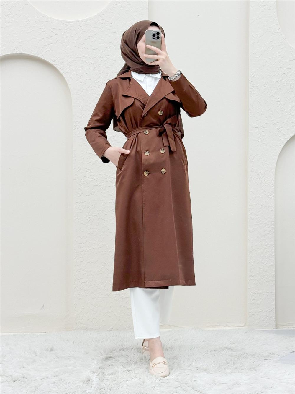 Double Button Shawl Shoulder Waist Tie Trench Coat -K. Coffee-349-1955-R54