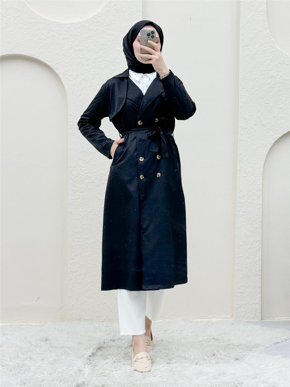 Double Button Shawl Shoulder Waist Tie Trench Coat - Black-349-1955-R01