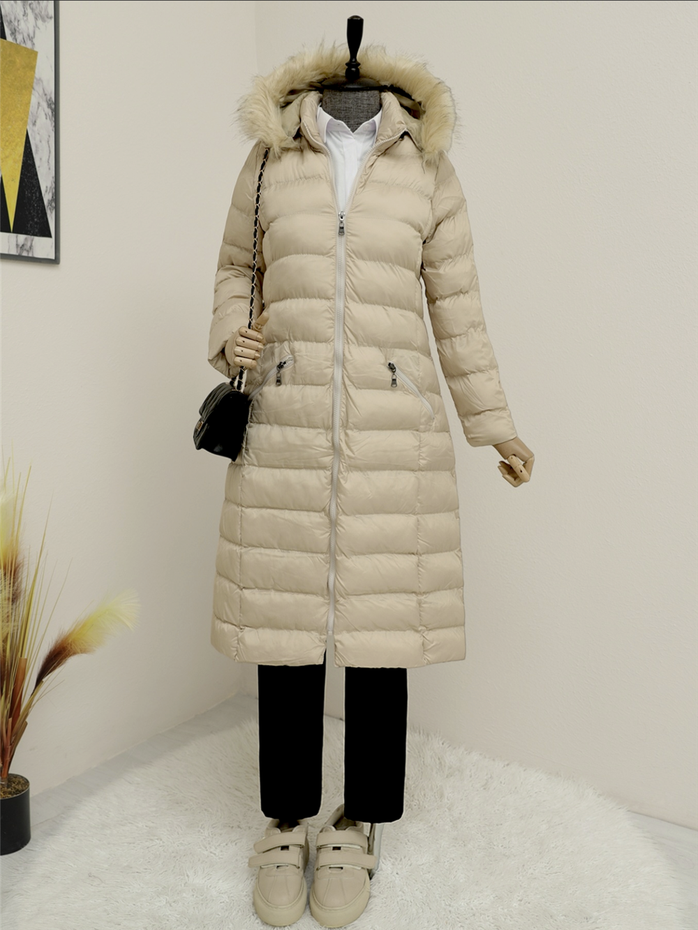 Hooded Fur Puffer Coat - Stone-192-1049-R43