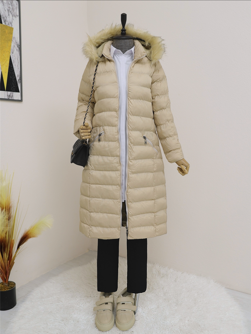 Hooded Fur Puffer Coat - Stone-192-1049-R43