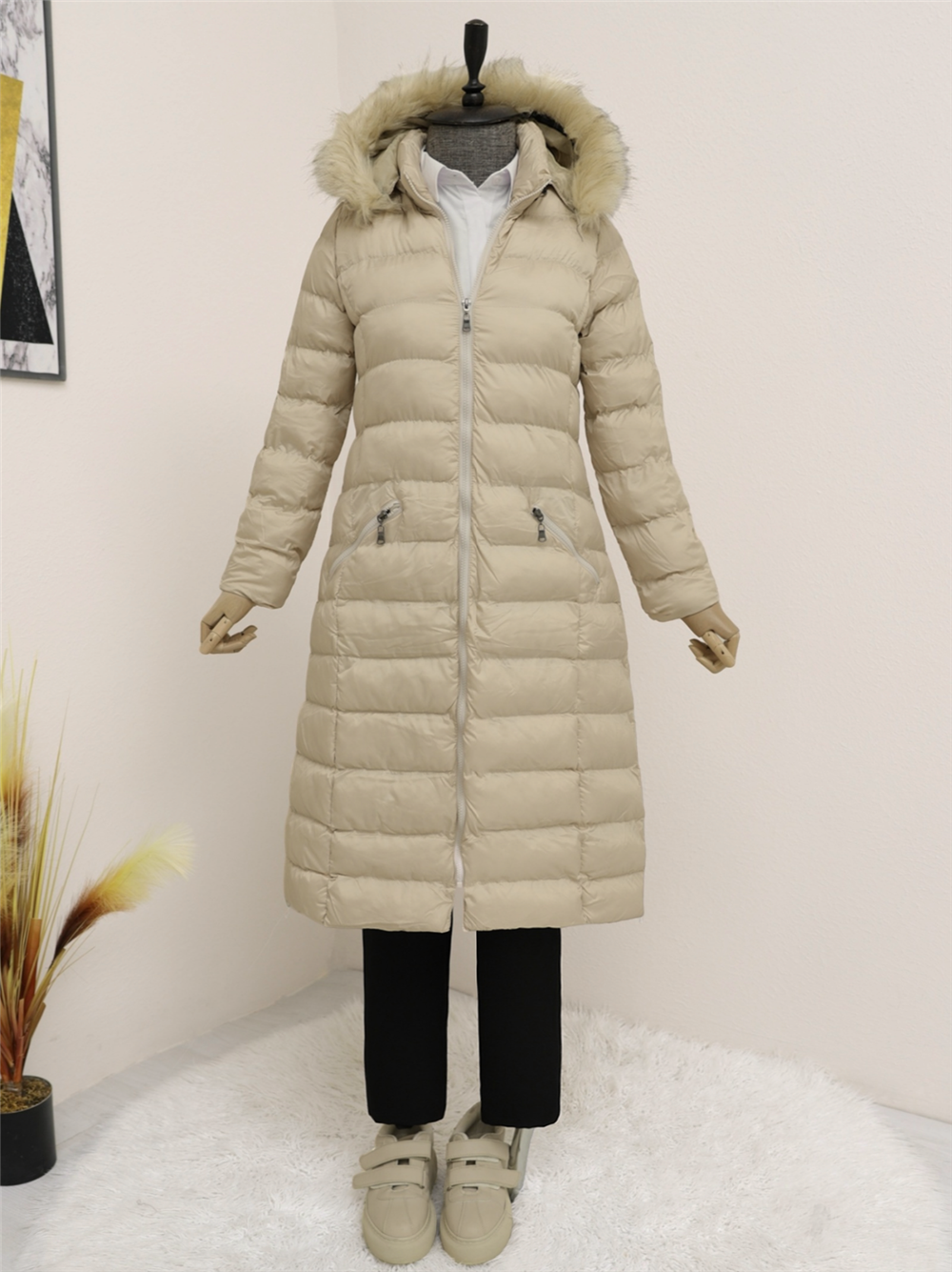 Hooded Fur Puffer Coat - Stone-192-1049-R43