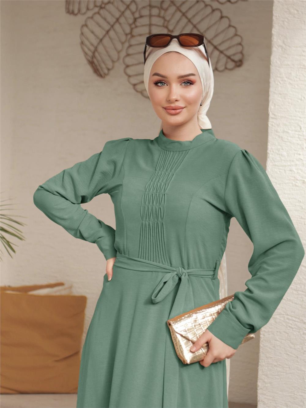 Çıma Detaylı Kemerli Ayrobin Elbise    -Haki-186-662-R05