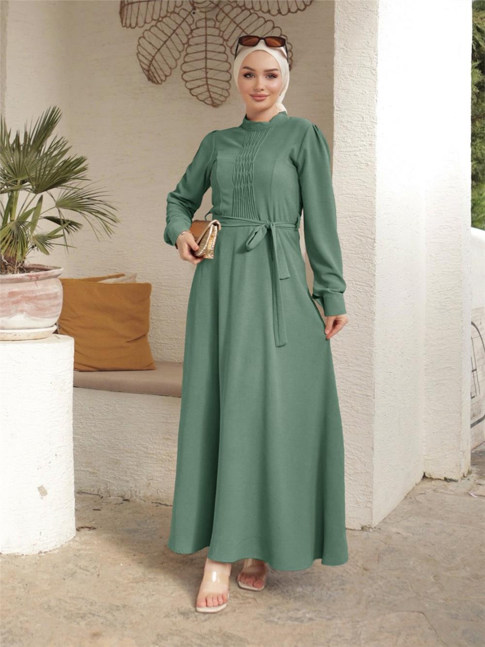 Çıma Detaylı Kemerli Ayrobin Elbise    -Haki-186-662-R05