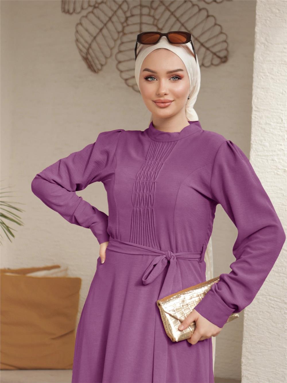 Çıma Detaylı Kemerli Ayrobin Elbise   -Vişne-186-662-R44