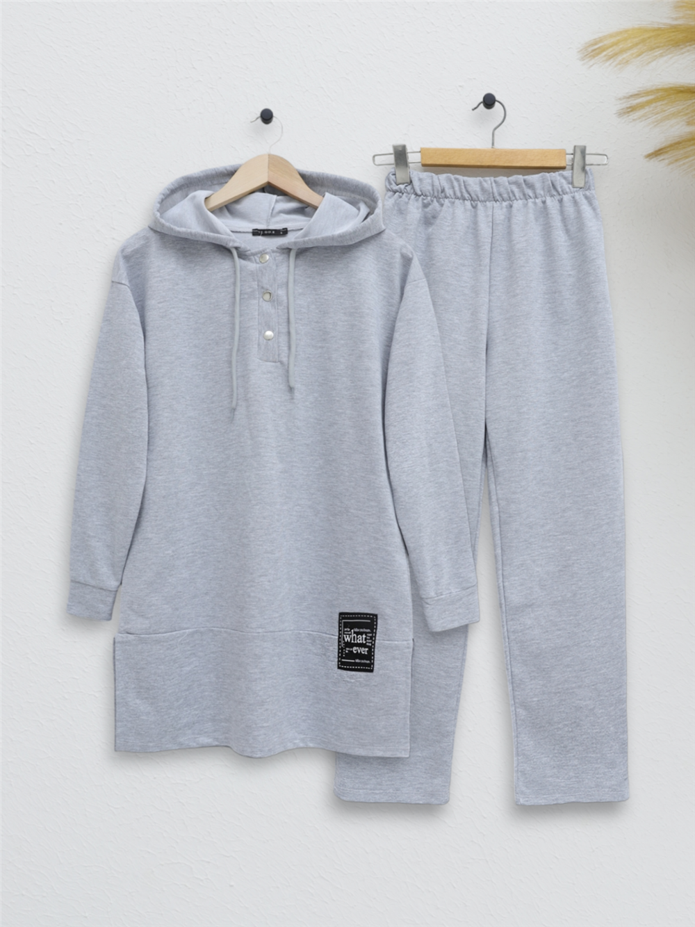Double Combed Cotton Suit with Snap Fastener Emblem Detail - Gray-349-4092-R11
