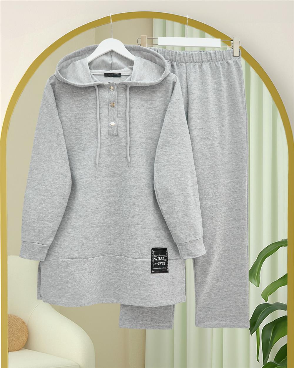 Double Combed Cotton Suit with Snap Fastener Emblem Detail - Gray-349-4092-R11