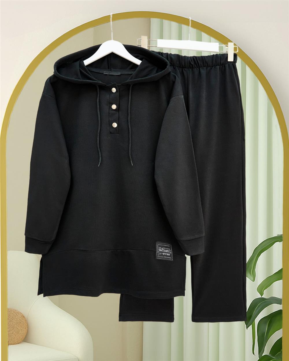 Double Combed Cotton Suit with Snap Fastener Crest Detail - Black-349-4092-R01