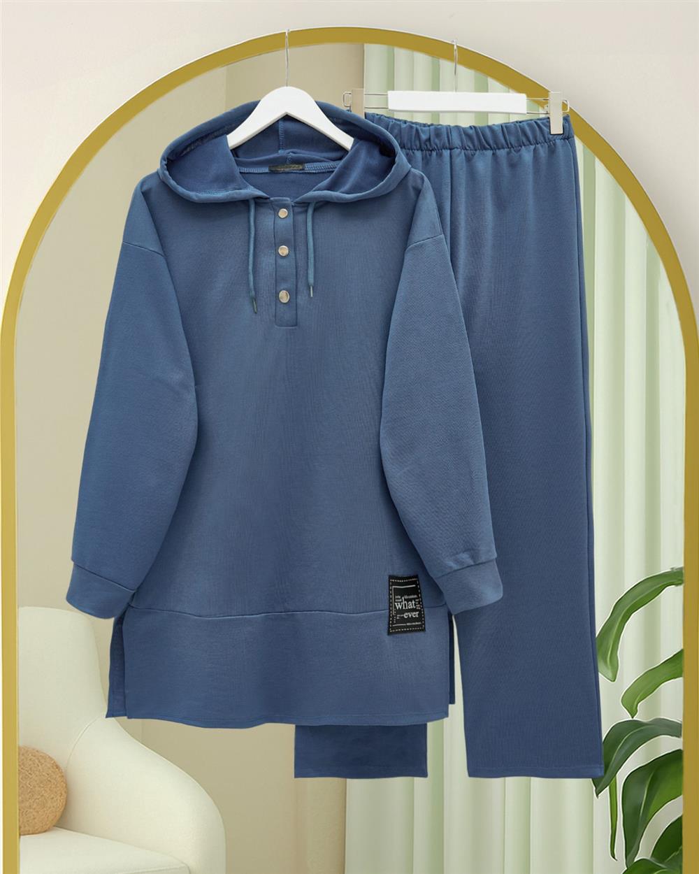 Double Combed Cotton Suit with Snap Fastener Detail - Indigo-349-4092-R21