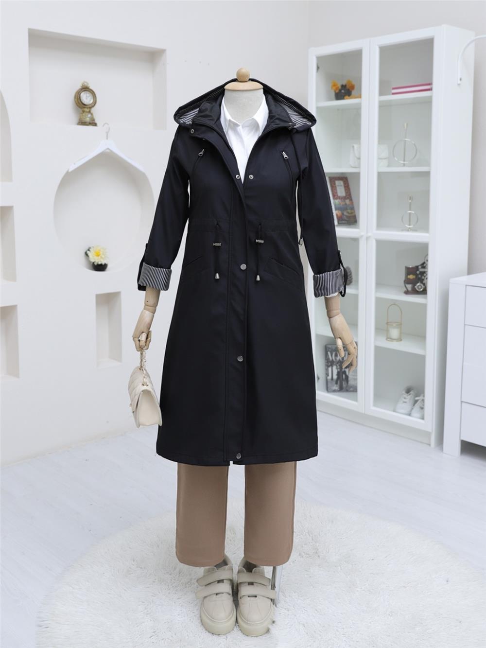 Snap Fastener Zippered Hooded Trench Coat -Black-111-50660-R01