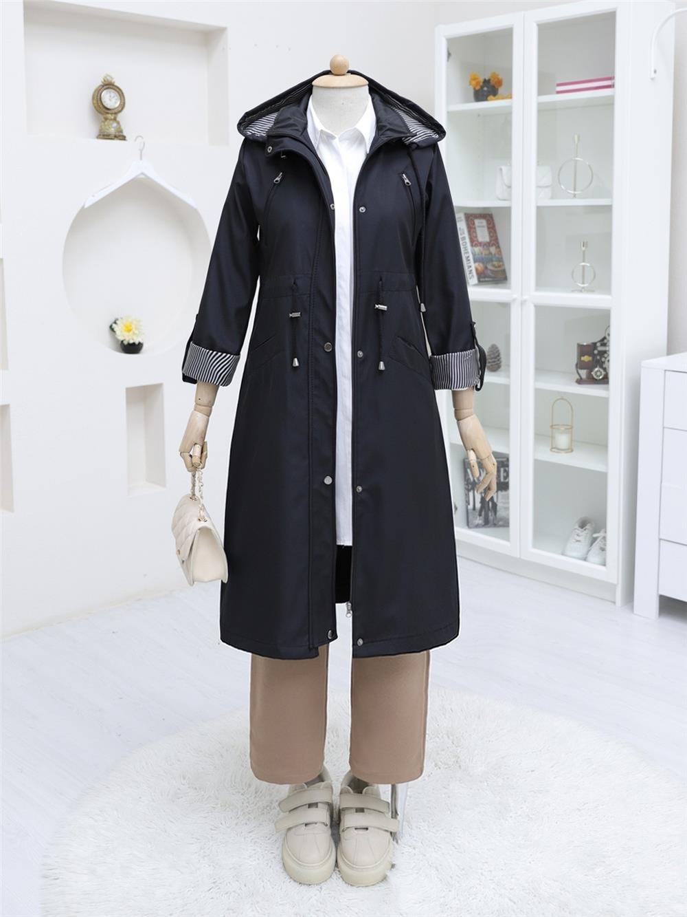 Snap Fastener Zippered Hooded Trench Coat -Black-111-50660-R01