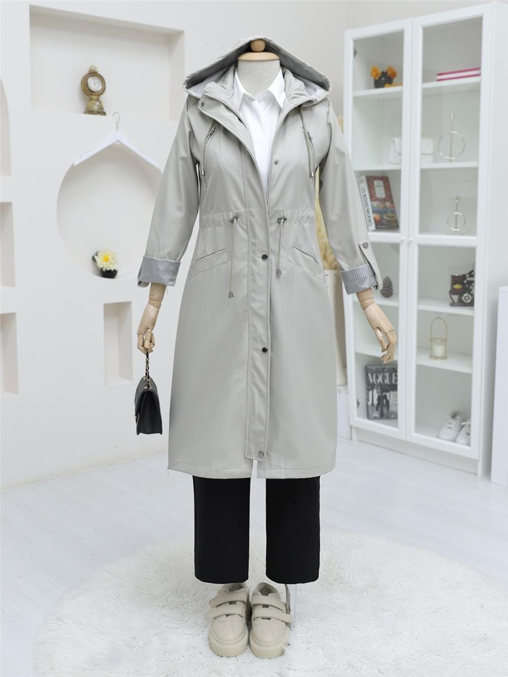 Snap Fastener Zippered Hooded Trench Coat -Stone-111-50660-R43