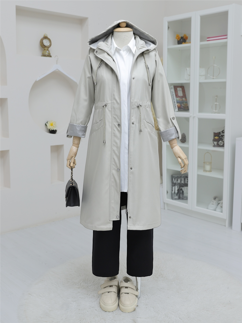Snap Fastener Zippered Hooded Trench Coat -Stone-111-50660-R43