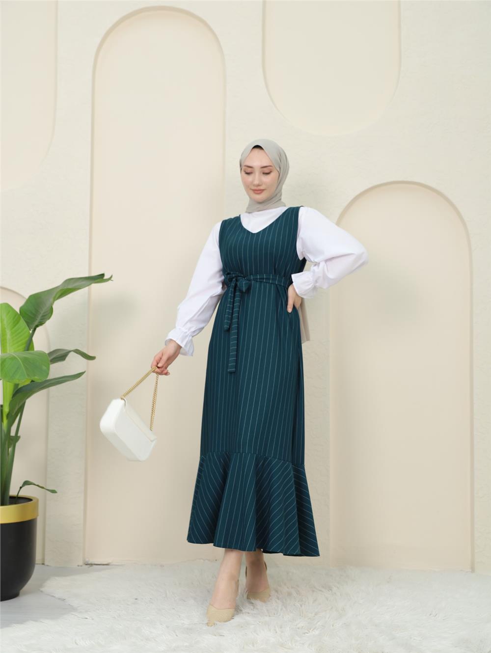 Striped Waist Belted Shirt Gilet Set - Emerald-349-5063-R17