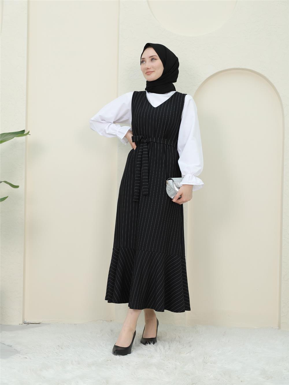 Striped Waist Belted Shirt Gilet Set - Black-349-5063-R01