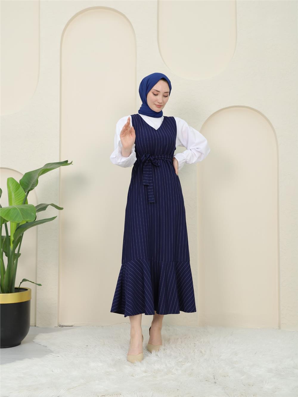 Striped Waist Belted Shirt Gilet Set - Navy Blue-349-5063-R03