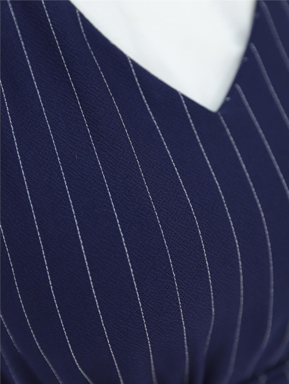 Striped Waist Belted Shirt Gilet Set - Navy Blue-349-5063-R03