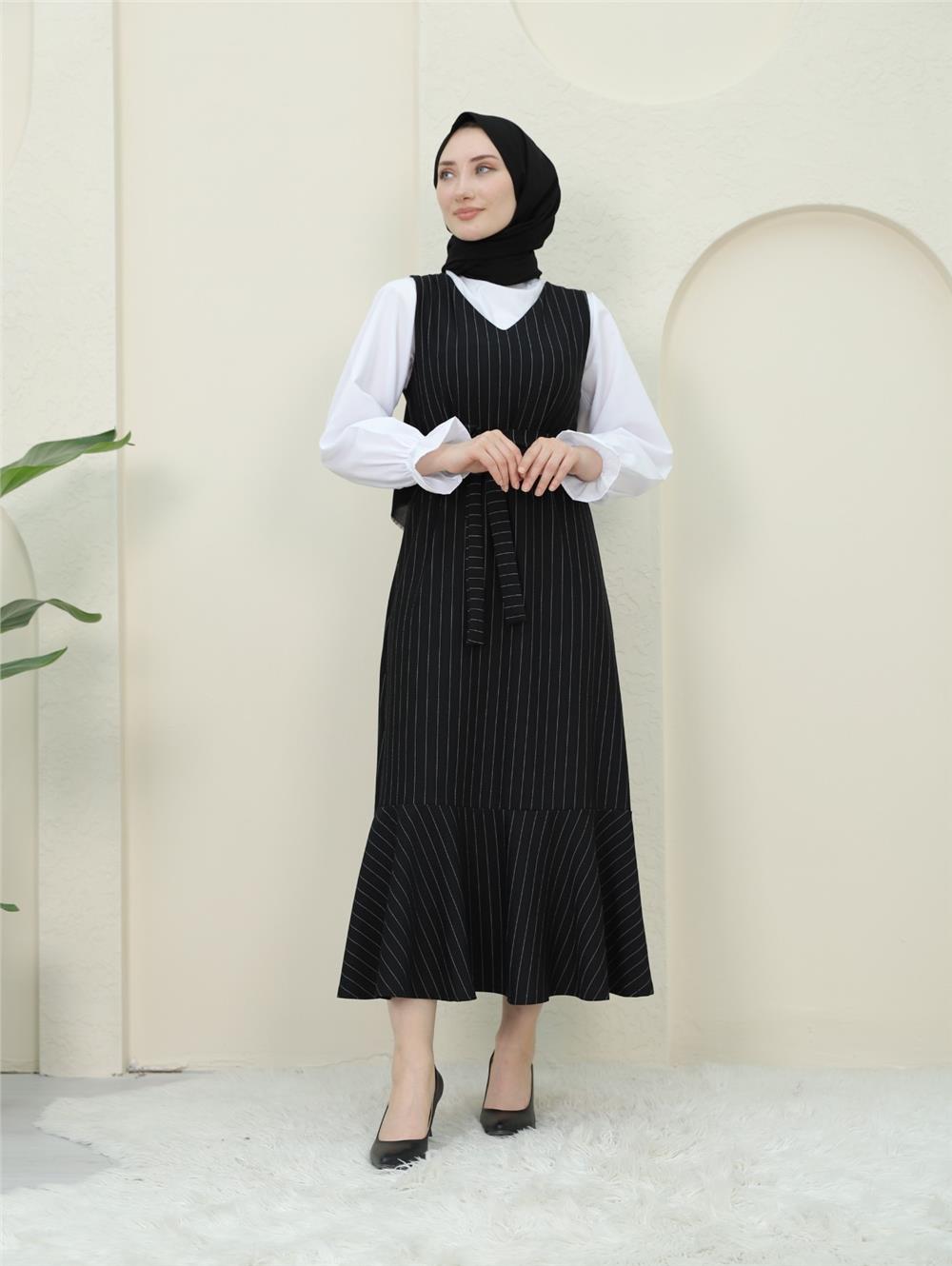 Striped Waist Belted Shirt Gilet Set - Black-349-5063-R01