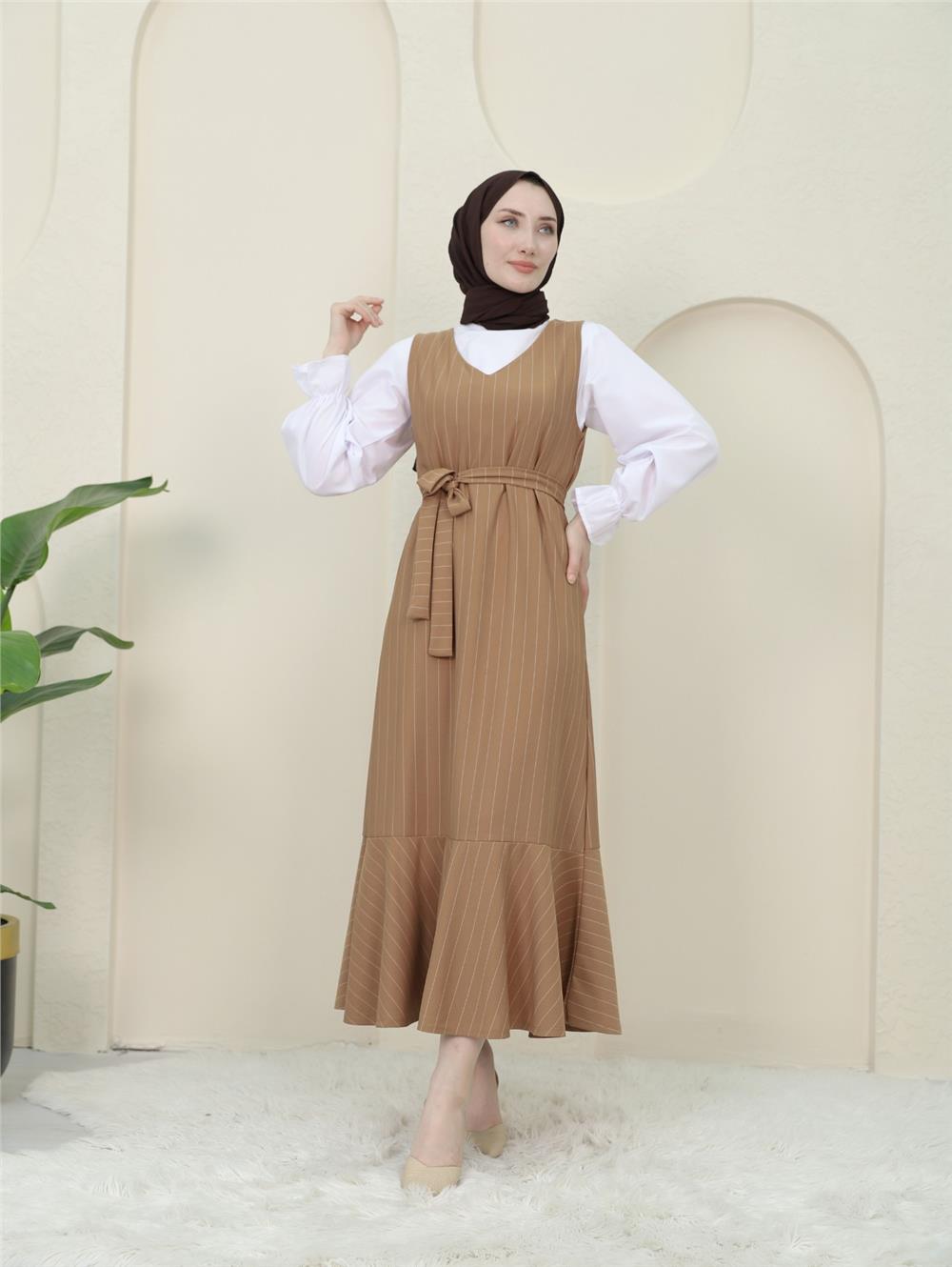 Striped Waist Belted Shirt Gilet Set -Tan-349-5063-R12