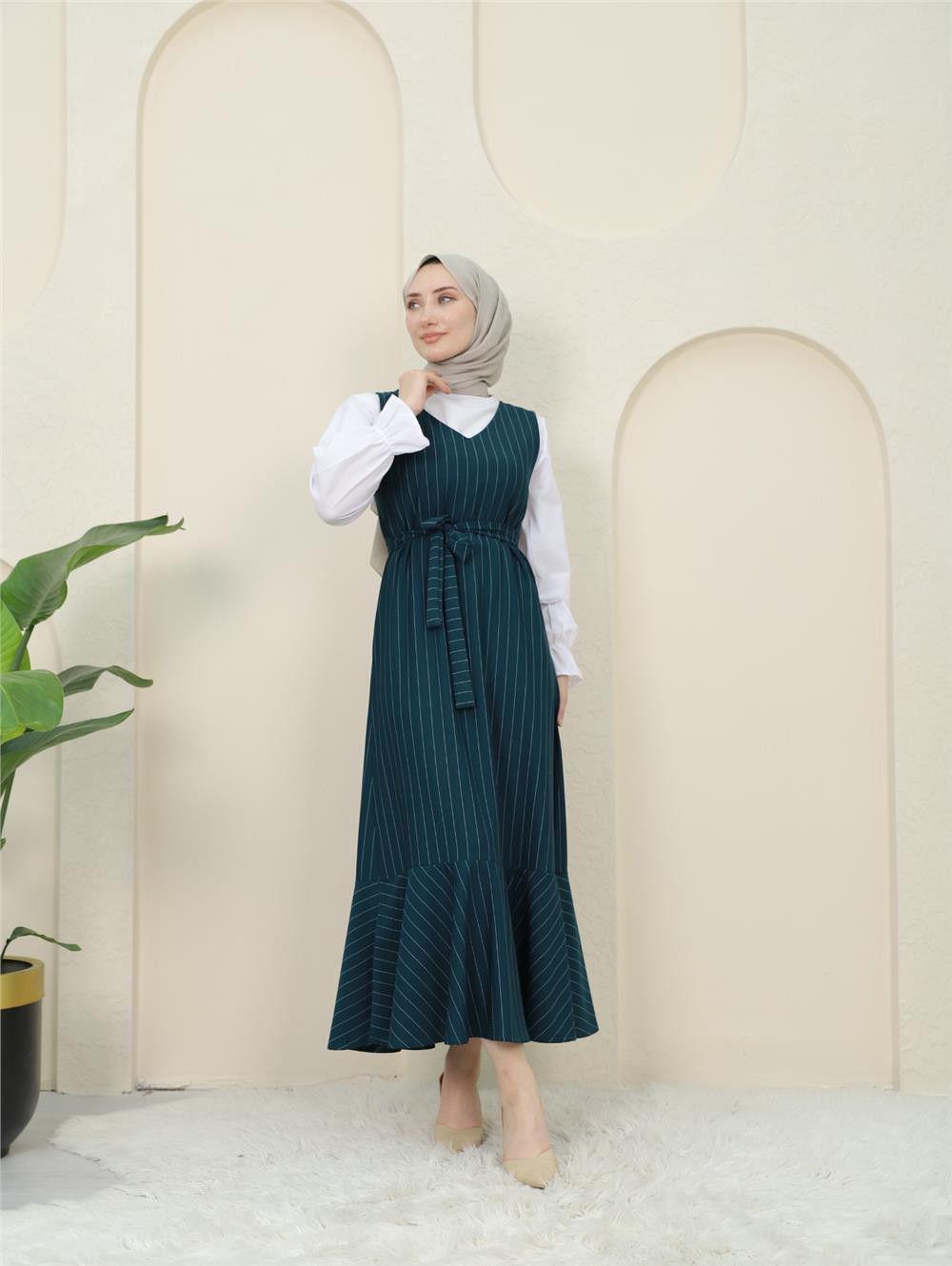 Striped Waist Belted Shirt Gilet Set - Emerald-349-5063-R17
