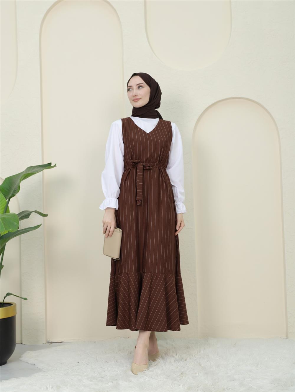 طقم جيليه قميص مخطط الخصر بحزام - بني-349-5063-R15