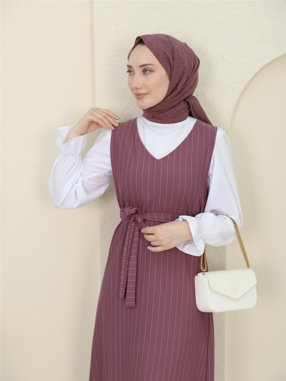 Striped Waist Belted Shirt Gilet Set - Plum-349-5063-R09