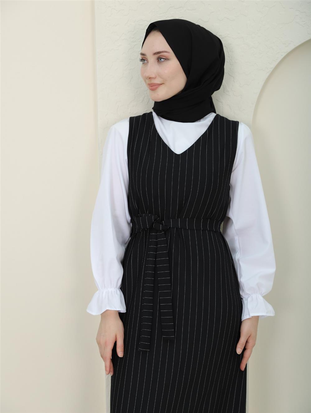 Striped Waist Belted Shirt Gilet Set - Black-349-5063-R01