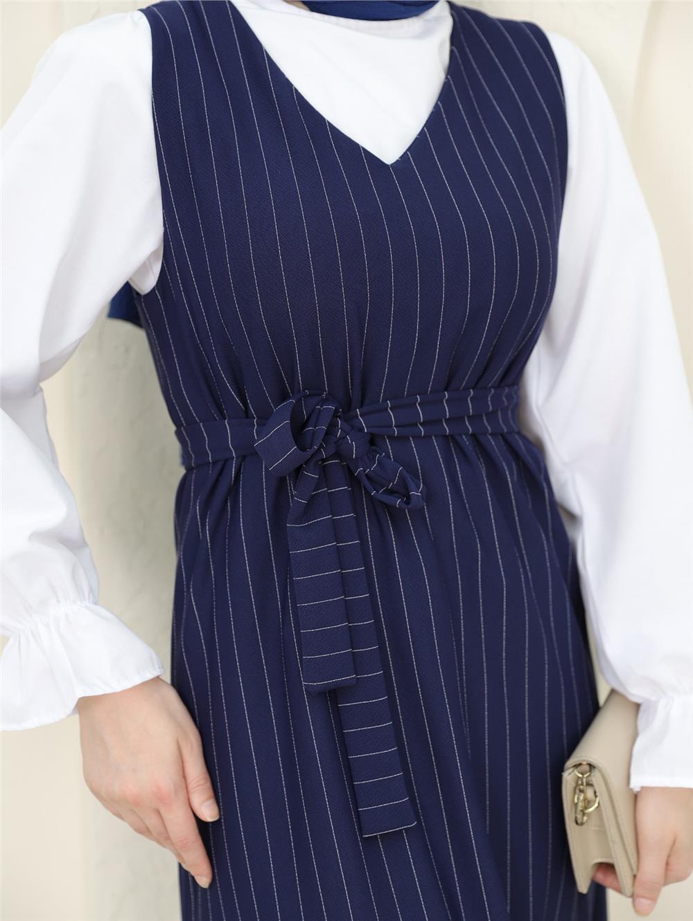 Striped Waist Belted Shirt Gilet Set - Navy Blue-349-5063-R03