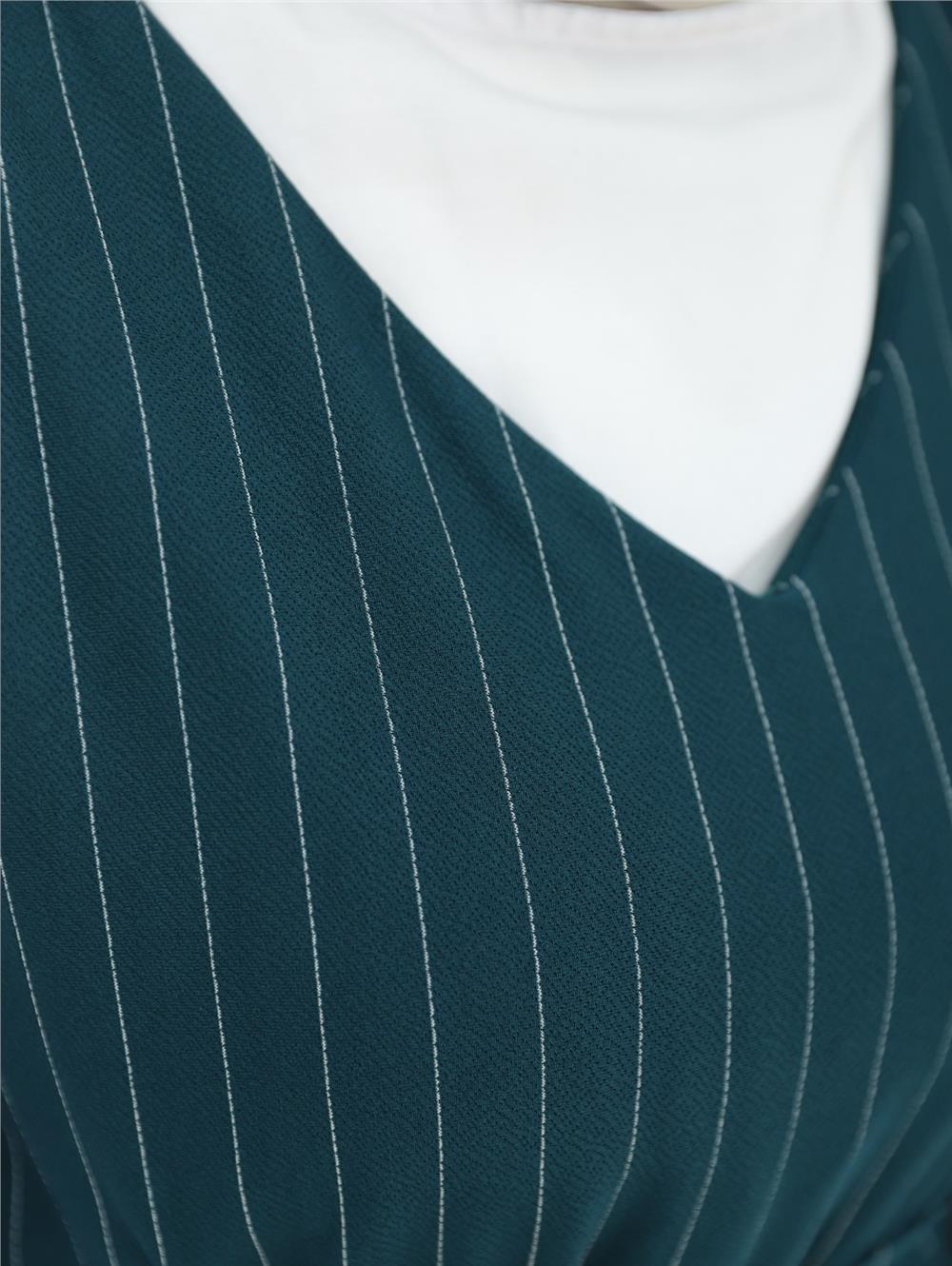 Striped Waist Belted Shirt Gilet Set - Emerald-349-5063-R17