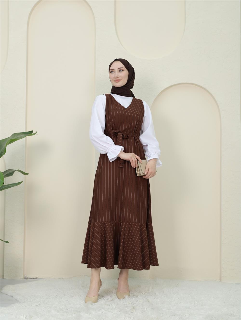 طقم جيليه قميص مخطط الخصر بحزام - بني-349-5063-R15