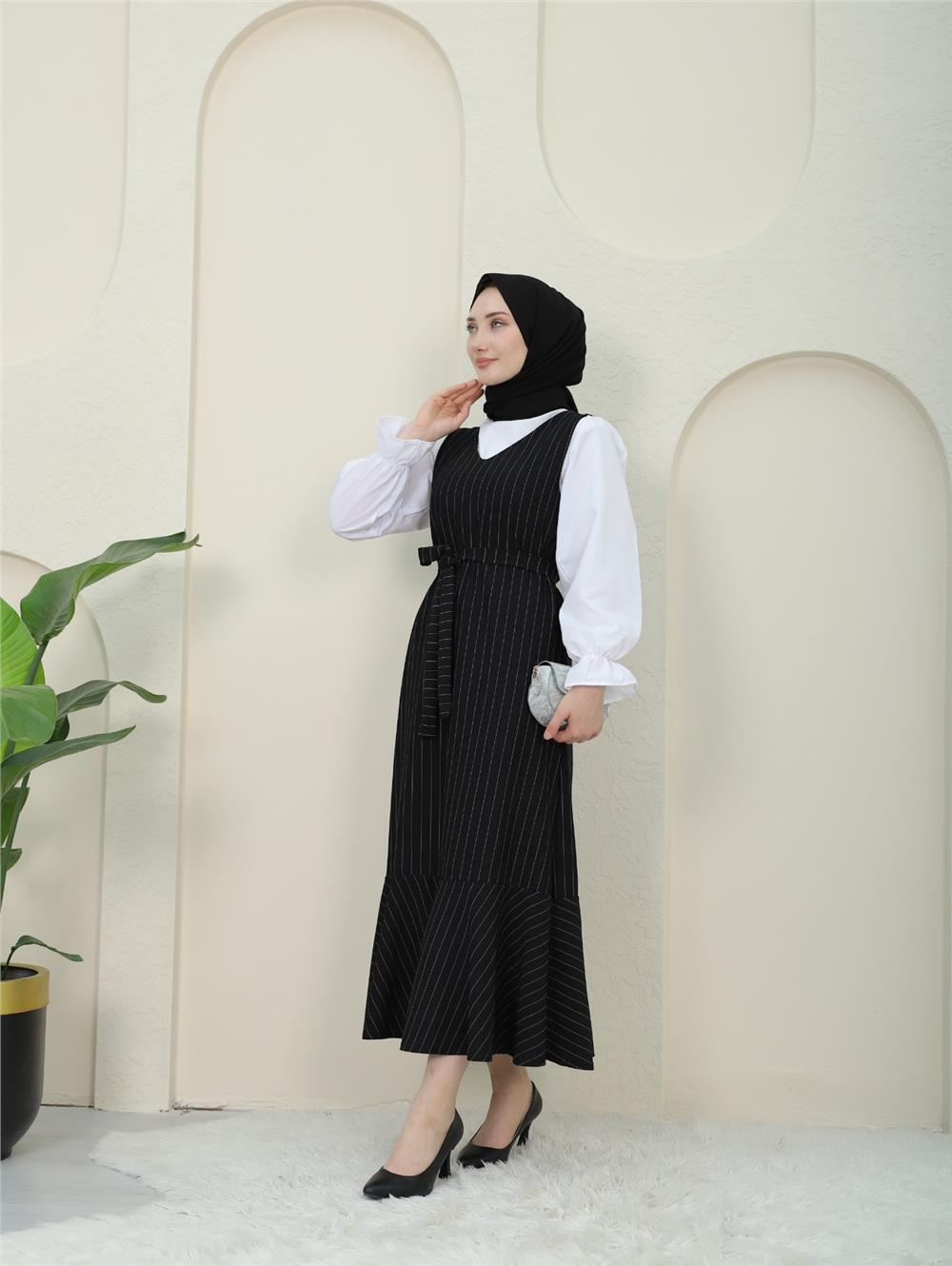 Striped Waist Belted Shirt Gilet Set - Black-349-5063-R01