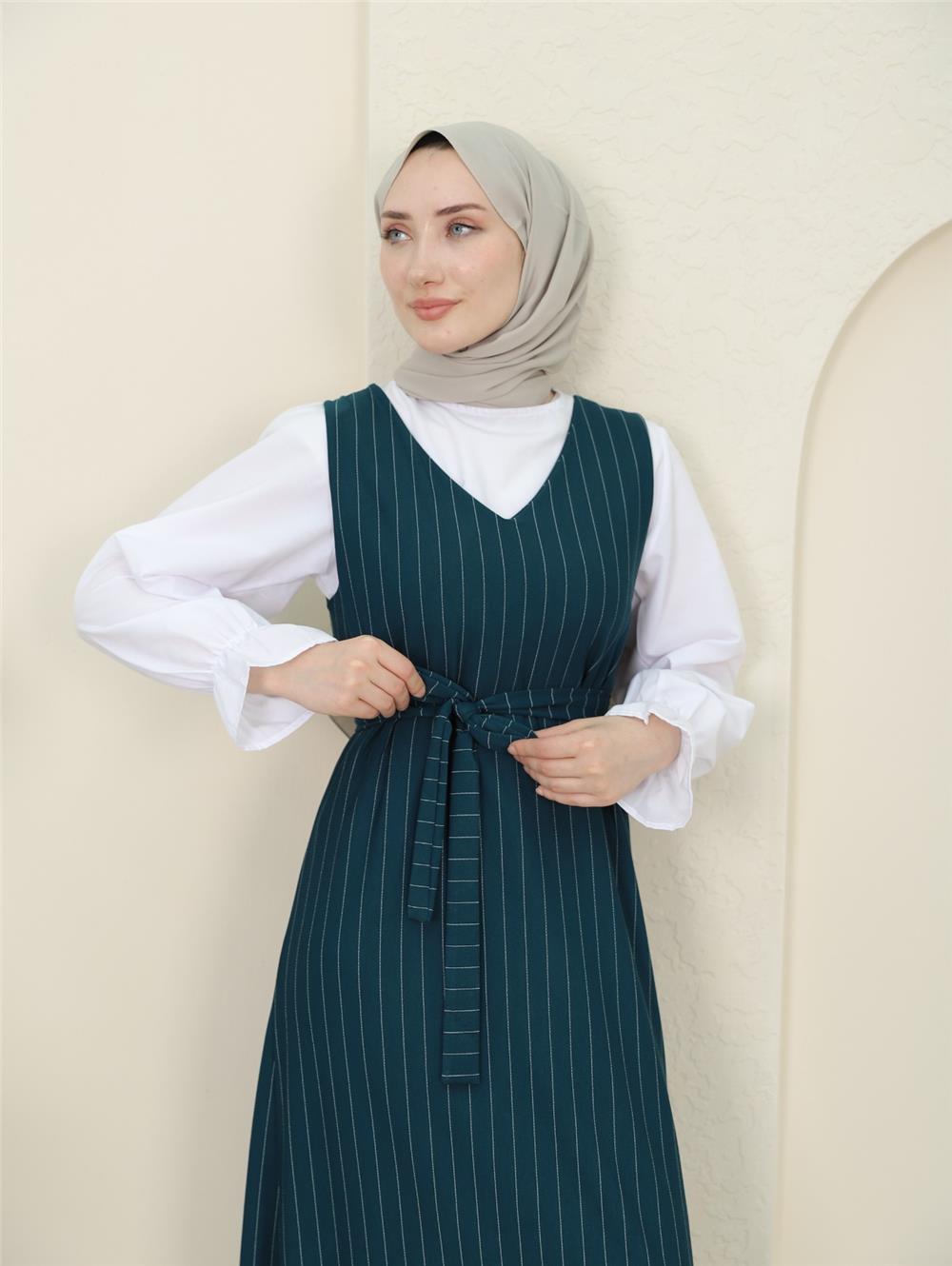Striped Waist Belted Shirt Gilet Set - Emerald-349-5063-R17