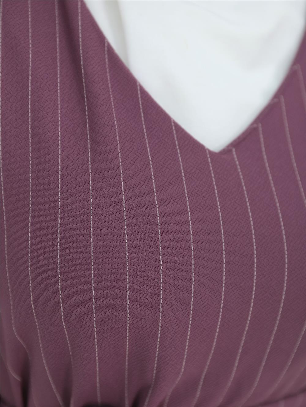 Striped Waist Belted Shirt Gilet Set - Plum-349-5063-R09