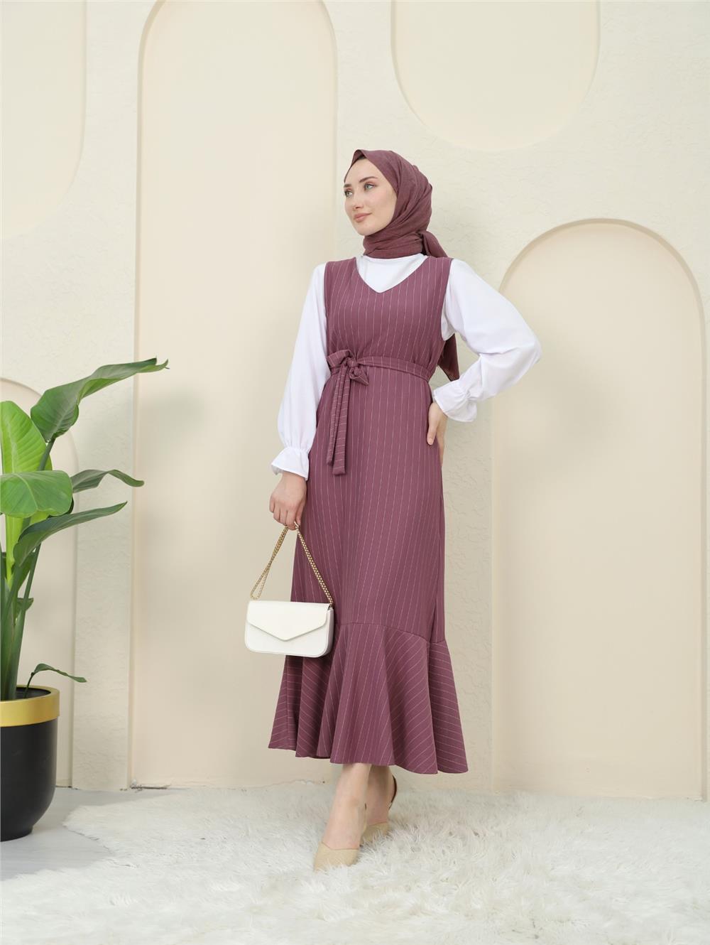 Striped Waist Belted Shirt Gilet Set - Plum-349-5063-R09
